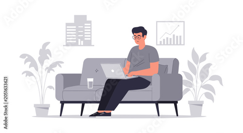 Man working remotely on laptop while sitting on sofa at home, flat vector illustration