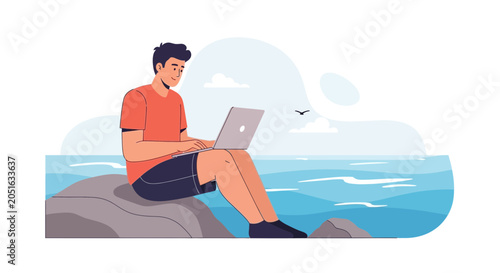 Man Working Remotely on Laptop by the Ocean, Enjoying Nature and Digital Nomad Lifestyle