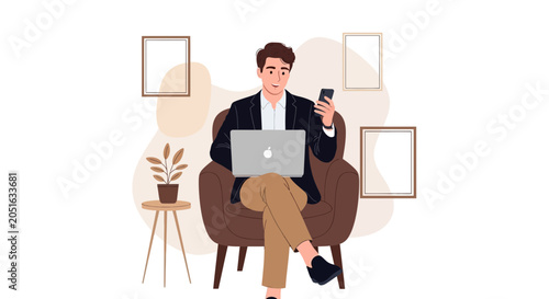 Modern Man Working on Laptop and Phone While Relaxing in Armchair, Home Office Concept