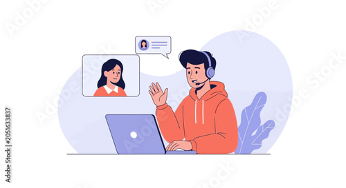 Man on Video Call with Woman, Using Laptop and Headset - Communication and Remote Work Concept