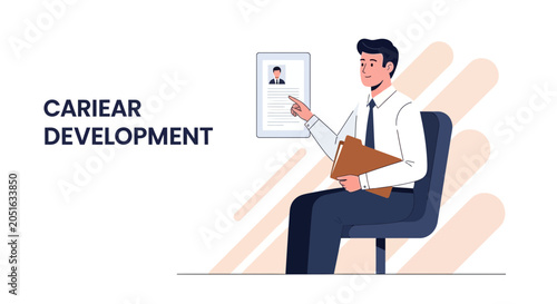 Man points to career development resume on screen, vector illustration
