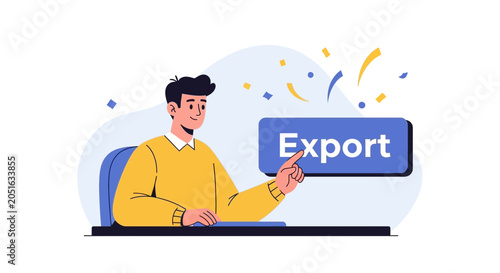 Man points to Export button with confetti celebration, concept for international trade, business growth, and successful export.