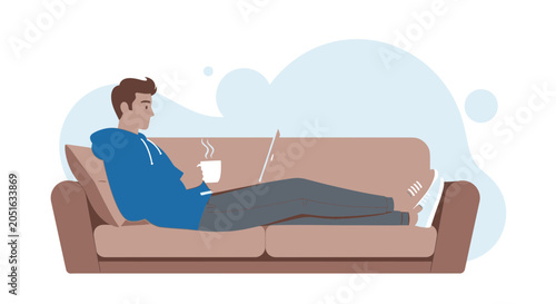 Man Relaxing on Sofa with Laptop and Coffee, Remote Work, Freelance Lifestyle