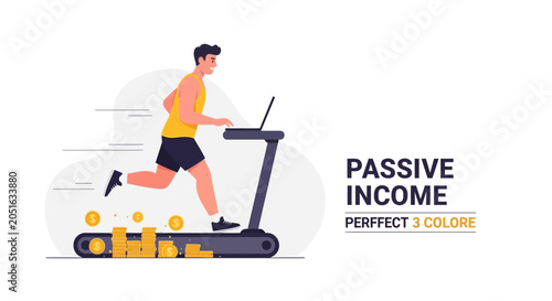 Man running on treadmill generating passive income with laptop and coins, symbolizing financial growth and remote work