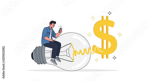 Man Riding Light Bulb with Dollar Sign Symbolizing Financial Idea Generation and Monetization