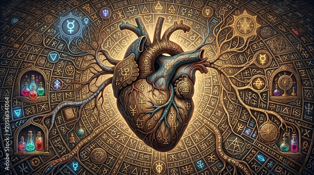 Obraz premium Alchemical heart with glowing sigils