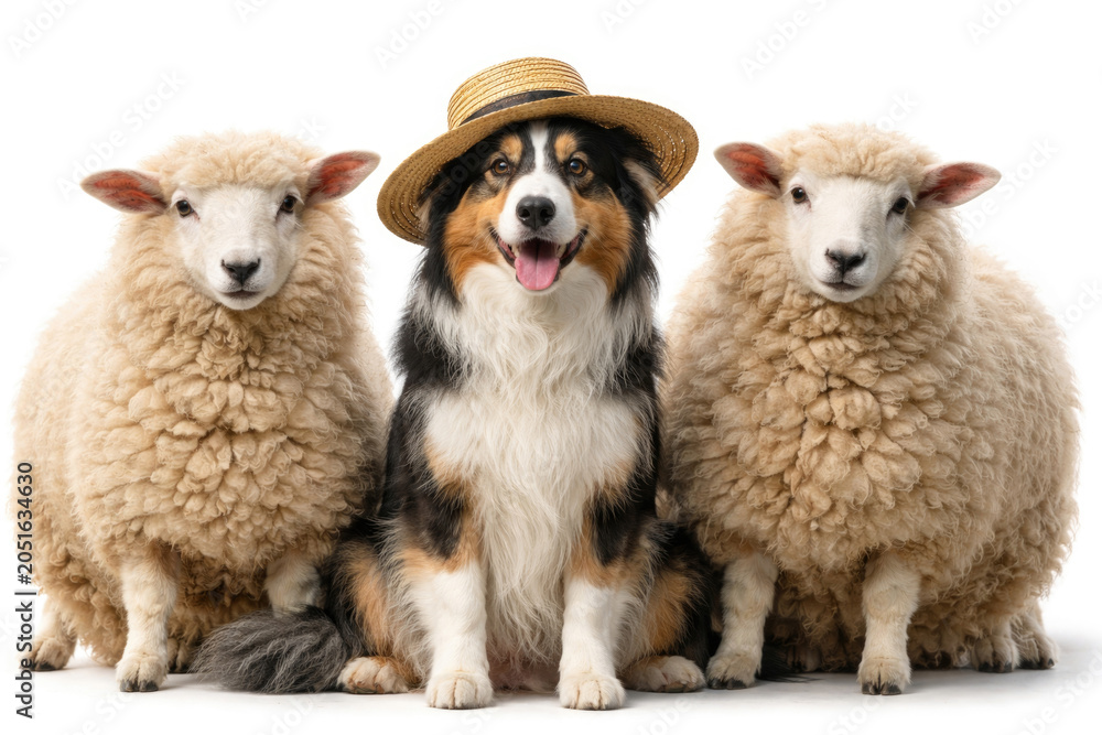 Fototapeta premium Dog in a straw hat between two sheep on a white background.