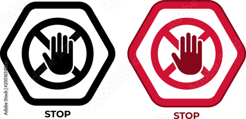 Stop sign icon with hand gesture inside a prohibition circle