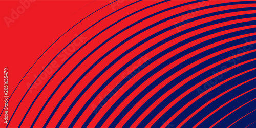 Abstract concentric curved lines halftone pattern background. Simple vector illustration of dark blue arches and radiating circular stripes on vibrant red backdrop, modern optical transition graphic l