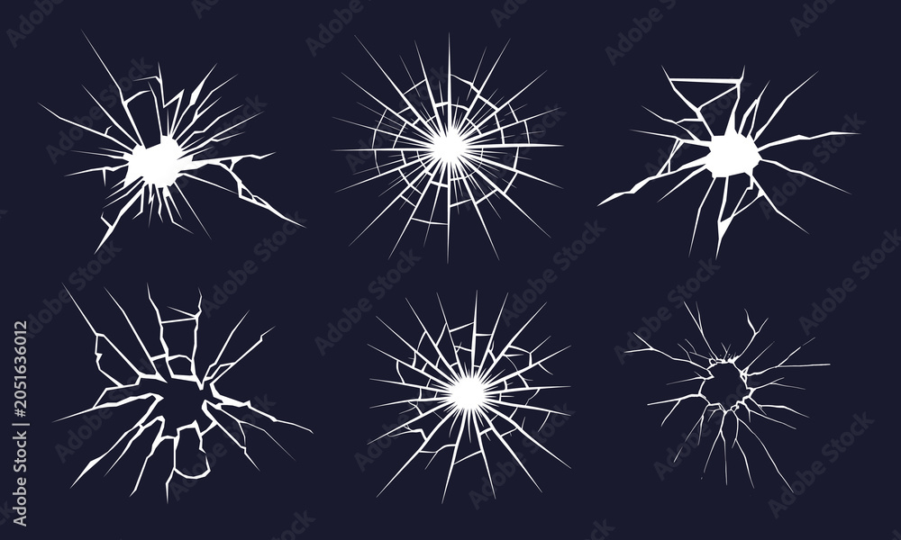 Fototapeta premium Broken Glass Cracks Set, Shattered Window Bullet Hole Vector Icons