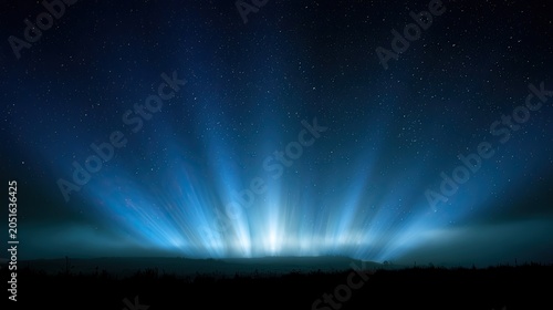 Ethereal blue lights illuminate the night sky above a dark, misty horizon