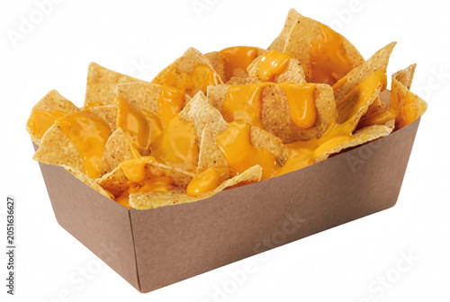 Quadro su tela Crispy Tortilla Chips with Melted Cheese Sauce in a Cardboard Tray