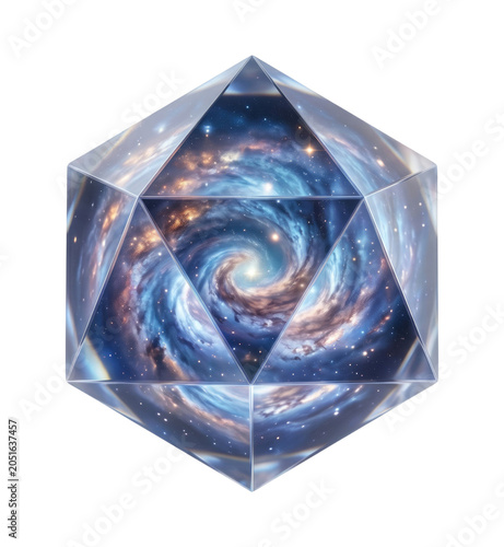 Transparent faceted geometric crystal containing a glowing swirling blue galaxy and stars, a reflective prism-like polyhedron with spiral cosmic nebula visible through triangular faces