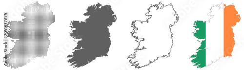 Photography Ireland country map vector set with dotted pattern solid silhouette outline and
