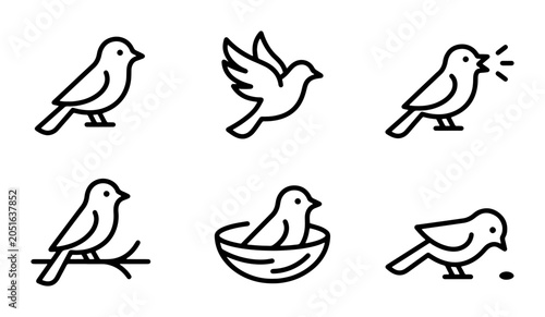 Bild auf Leinwand Chirping Birds Icons, Simple Line Art Vector Set, Nature Wildlife Graphics