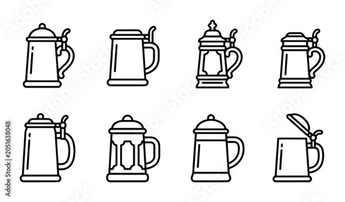 Obraz na płótnie Beer Stein Icons Set, Oktoberfest Drinkware Collection, Traditional German Mugs