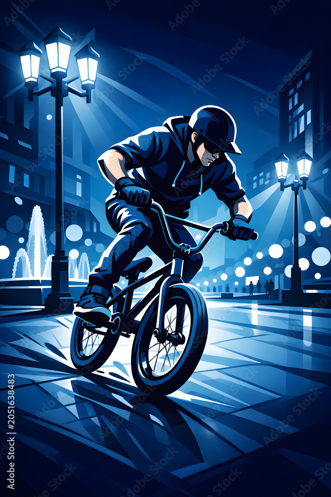 Naklejka premium BMX rider cycling through a city square at night