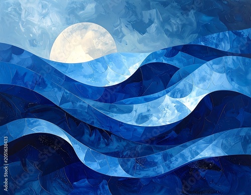 A serene seascape with a large moon shining down on wavy ocean waters