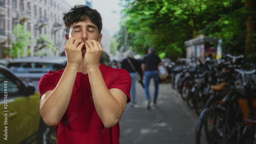 Fototapeta premium Man in red shirt whistling with fingers to lips on a busy city street lined with parked bicycles and cars; youthful playfulness.