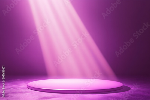 a pink light beam falls on the ground, creating an empty circular stage