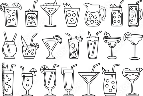 Foto mocktail vector outline icons set with straws garnish and ice
