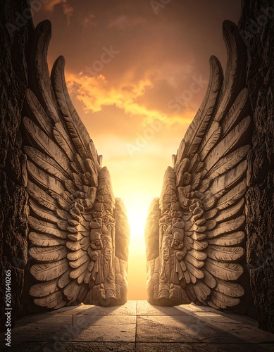 A serene stone pathway flanked by large, intricately carved wing structures leads to a vibrant, golden sunrise