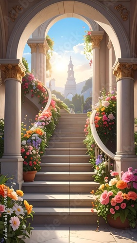 A serene staircase with vibrant flowers and columns leads to an archway