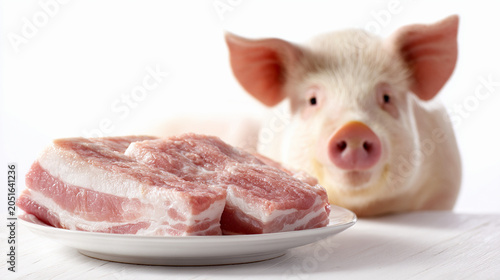 Raw pork belly slices on a white plate with a pig in the background
