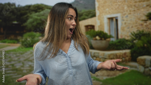Fotografie Woman shrugging with hands out and mouth open in front of stone building, wearing light blue blouse and rings on fingers; playful surprise