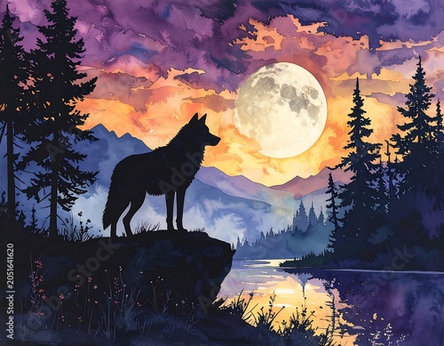 A serene silhouette of a wolf on a rocky outcrop overlooking a tranquil lake at sunset with a large moon