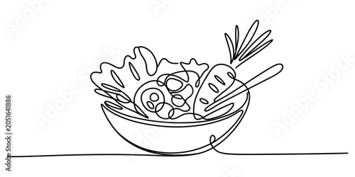 Continuous one line drawing of a fresh vegetable salad in a bowl with lettuce and carrot for a healthy food concept and organic lifestyle design element Vector, illustration