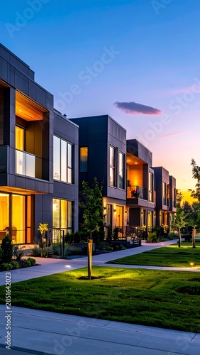 A serene suburban street lined with modern townhouses at dusk