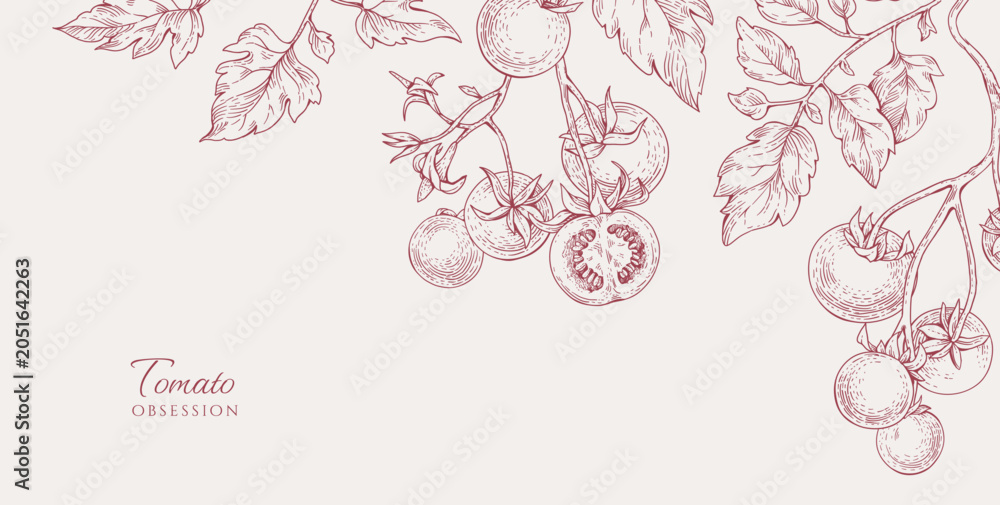 Obraz premium Background with tomatoes brunch and leaves. Detailed hand drawn ink illustration for template layout design, brochure or cover for food card