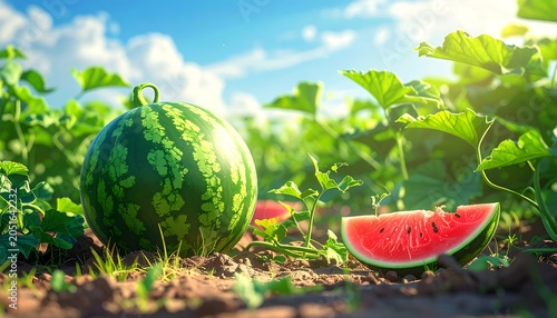 A serene summer scene featuring a whole and sliced green watermelon in a lush field
