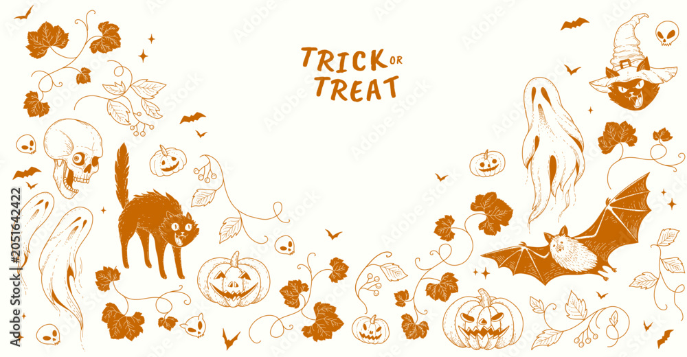 Obraz premium Happy halloween background or card template with hand drawn doodle and stickers of spooky and magic elements pumpkins and skull