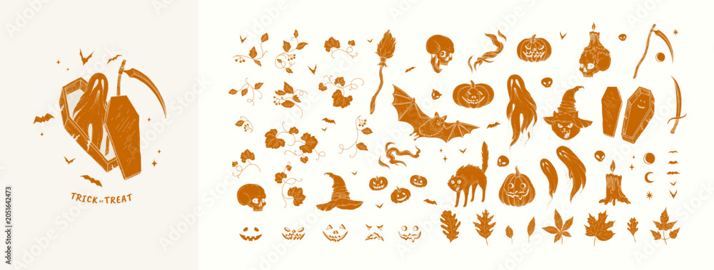 Obraz premium Happy halloween collection of hand drawn doodle and stickers. Big set of spooky and magic elements pumpkins and skull, ghosts and cute cat