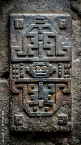 Ancient weathered monolith with a carved totem and central face