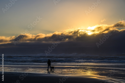 At the end of day as sun sets behind coastal cloud person walks dog on beach at water edge in silhouette