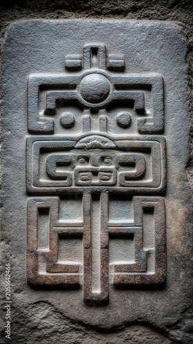 Ancient Andean stone carving with a symmetrical totem glyph