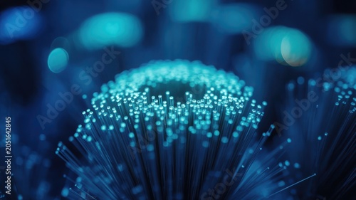 Close-up of glowing blue fiber optic cables in a bundle