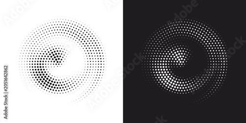 Halftone circle frame background set, dotted round border icon, random halftone dot texture, grunge circular stain effect, vector illustration, raster style design.