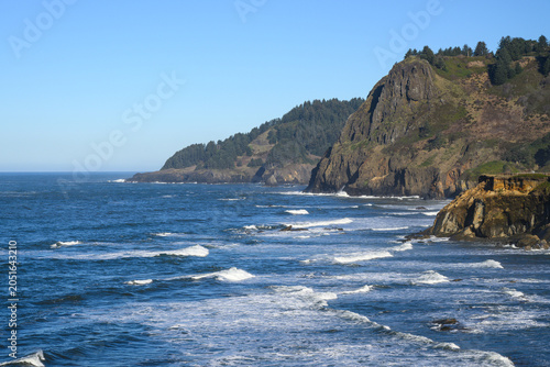Rugged Oregon coastline as cliffs meet the Pacific Ocean with clear sky