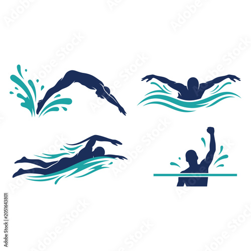 Swimming vector icons set with four different strokes And, international sports event, multi sport competition, athletics championship, sports tournament, Commonwealth Games