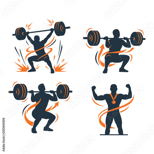Vector graphic illustrations of weightlifters in various poses and exercises And, international sports event, multi sport competition, athletics championship, sports tournament, Commonwealth Games