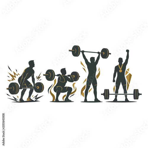 Vector illustration of four weightlifters in various poses with gold accents And, international sports event, multi sport competition, athletics championship, sports tournament, Commonwealth Games