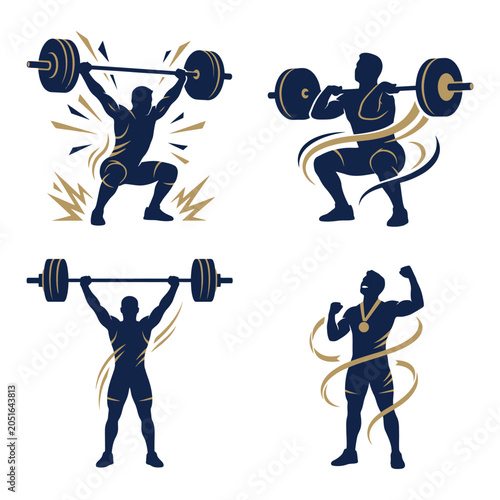 Weightlifter silhouettes with dynamic gold accents And, international sports event, multi sport competition, athletics championship, sports tournament, Commonwealth Games