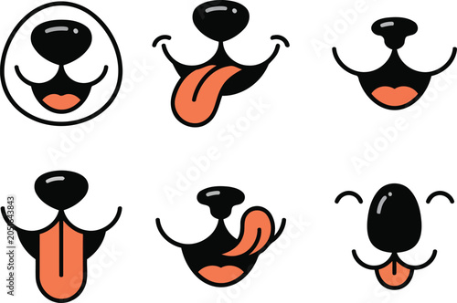 Cute Dog Nose and Mouth Icon Set with Tongue Sticking Out Cartoon Line Illustration