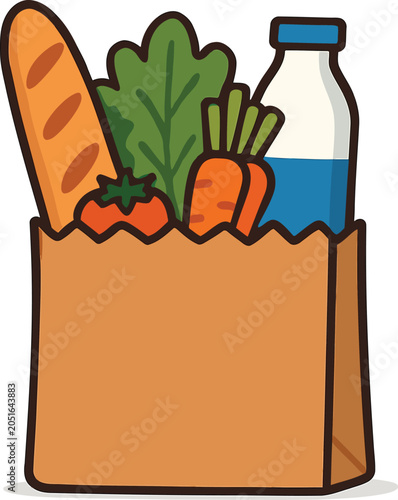 Paper Grocery Bag with Fresh Vegetables Bread and Milk Cartoon Line Icon
