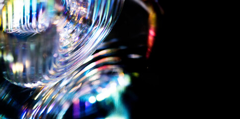 Abstract design, colorful lens flare, glass blurred reflections abstract bokeh lights. Leaking reflection of a glass, crystal. Border design