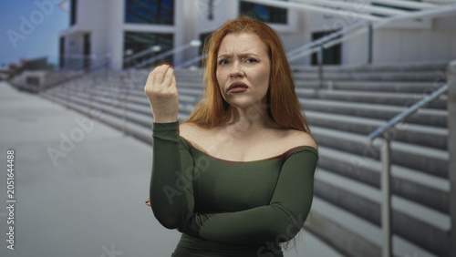 Obraz na płótnie Young redhead woman makes beckoning hand gesture at building steps, visible fingers and crossed arm with expressive face; annoyed impatience